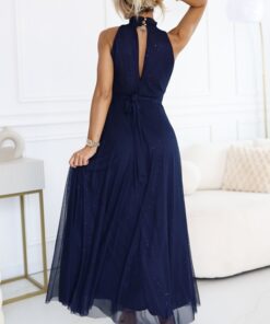 Alternative view of Sukienka długa wieczorowa z brokatem zabudowany dekolt granat