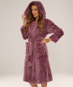 Szlafrok damski De Lafense ciepły prążkowany Gruby jagodowy