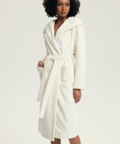 Szlafrok damski Henderson z kapturem za kolana w prążek ecru