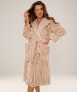 Szlafrok damski De Lafense ciepły prążkowany Gruby piaskowy