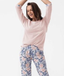 Piżama damska Luna 343 rękaw 3/4 i rybaczki niebiesko morelowa