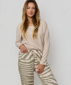 beżowo miętowa długa piżama damska mefemi bawełna wiskoza