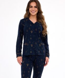 długa elegancka granatowa piżama damska z koszula zapinaną na guziki cornette elegancka
