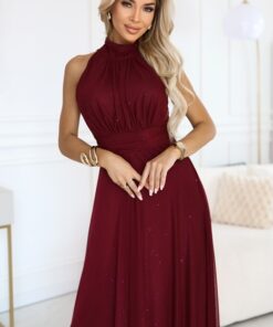 Sukienka długa wieczorowa z brokatem zabudowany dekolt bordowa