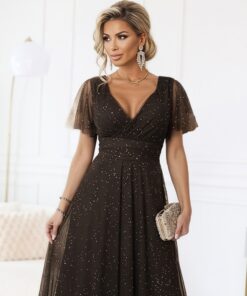 Sukienka długa wieczorowa z brokatem krótkie rękawki brązowa