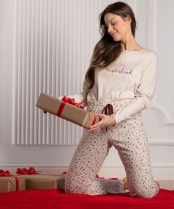 Piżama damska CC0139 Winter Wonderland długi rękaw beżowa
