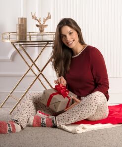 Piżama damska CC0141 Winter Bloom długi rękaw beż i bordo