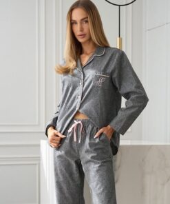 Piżama damska bawełniana L&L Elegancka rozpinana koszula szara