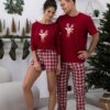 świąteczna piżama dal par bordowa bawełniana
