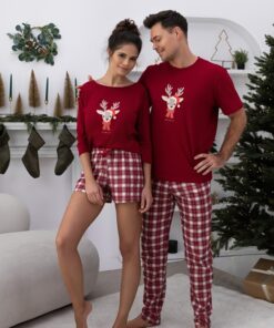 świąteczna piżama dal par bordowa bawełniana
