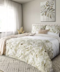 Biała pościel w beżowe liście ze 100% Bawełny Satynowej – Polska Pościel