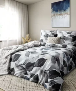 szaro grafitowa pościel w duże liście