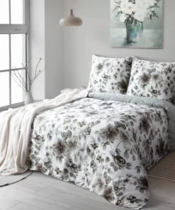 biało szara pościel w kwiaty satyna bawełna