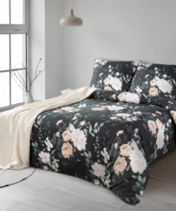 Czarno szałwiowa pościel w różowe kwiaty – 100% bawełna ranforce