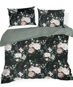 Alternative view of Czarno szałwiowa pościel w różowe kwiaty – 100% bawełna ranforce