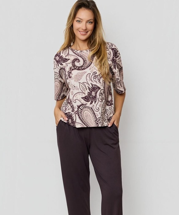 Piżama damska Mefemi Iris krótki rękaw kawowo brązowa