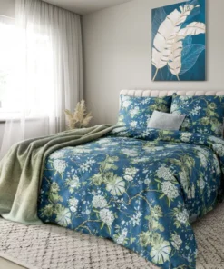 niebieska pościel w miętowe kwiaty z satyny bawełnianej