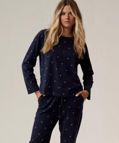 elegancka granatowa piżama damska atlantic długi rękaw
