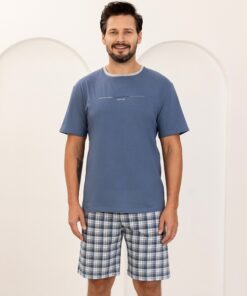 Piżama męska Regina bawełniana kratka krótkie spodenki niebieski