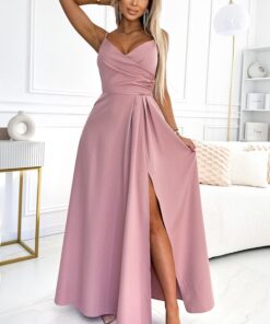 Elegancka długa Sukienka na ramiączkach z rozcięciem pudrowy róż