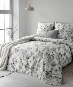 szara pościel z satyny bawełnianej elegancka w kwiaty