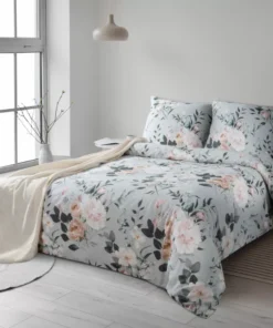 szara pościel bawełniana w różowe kwiaty