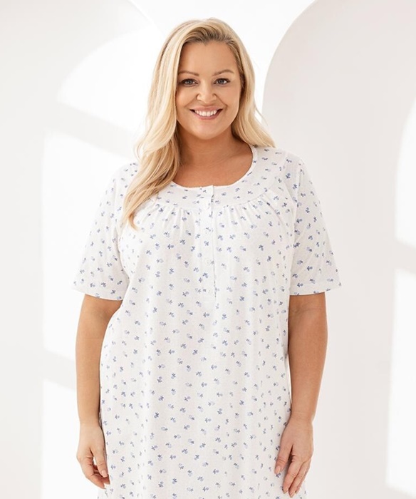 Koszula nocna Regina długa krótki rękaw rozpinana góra niebieska - obrazek 3