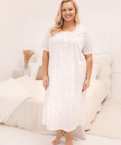 Koszula nocna Regina długa krótki rękaw rozpinana góra różowa