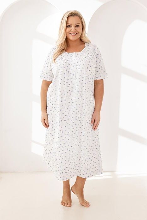 Koszula nocna Regina długa krótki rękaw rozpinana góra niebieska - obrazek 4