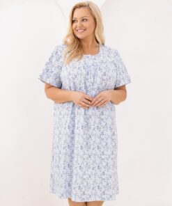 Koszula nocna Regina krótki rękaw rozpinana kwiatki błękit