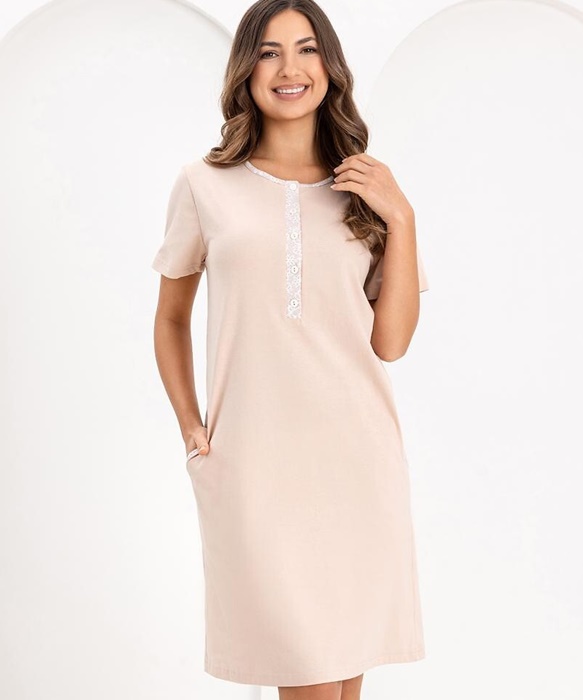 Koszula nocna Regina z krótkim rękawem rozpinana beżowa