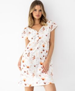 Koszula nocna Sensis marszczona pod biustem ecru w łączkę