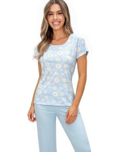 Piżama damska Donna krótki rękaw spodnie 3/4 błękitna stokrotki