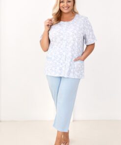 niebieska piżama damska rozpinana bluzka krótki rękaw