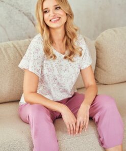 Piżama damska Taro krótki rękaw spodnie 7/8 ecru róż