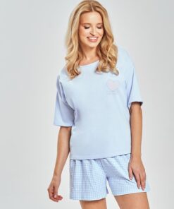 Piżama damska krótki rękaw i krótkie spodenki pudrowy niebieski