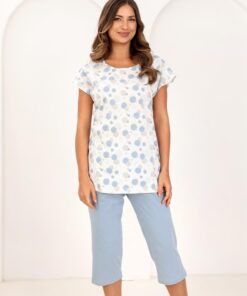 Piżama damska Regina 730 krótki rękaw rybaczki w koła niebieska