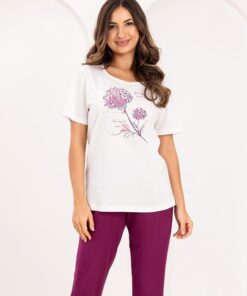 Piżama damska Regina krótki rękaw 100% Bawełna ecru fiolet