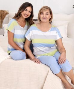 Piżama damska Regina krótki rękaw rybaczki w paski niebieska