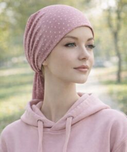 Bawełniana Chustka na głowę Maja mini – pudrowy brudny róż w kropki