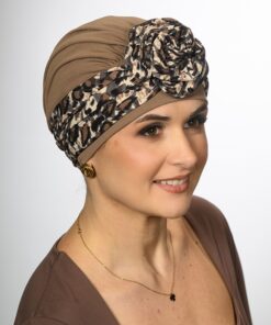 Turban Ariela Zestaw turban kawowy + opaska kawa panterka
