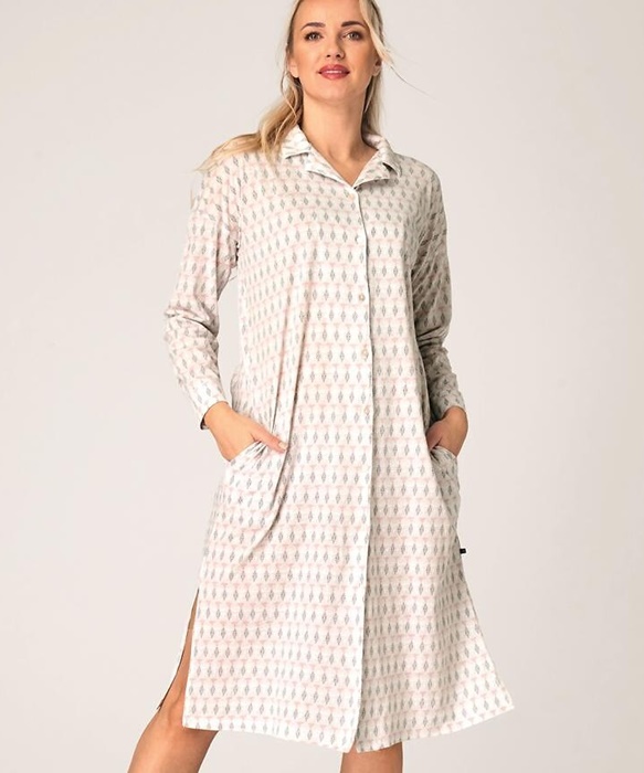 Koszula nocna KEY 100% bawełniana Rozpinana jasny beż