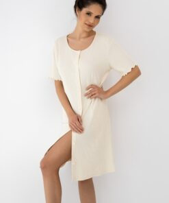 Alternative view of Koszula nocna Sensis cała rozpinana krótki rękaw prążek jasny beż