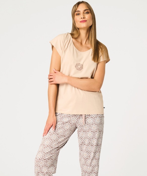 Piżama damska KEY krótki rękaw spodnie 7/8 mocca beżowa