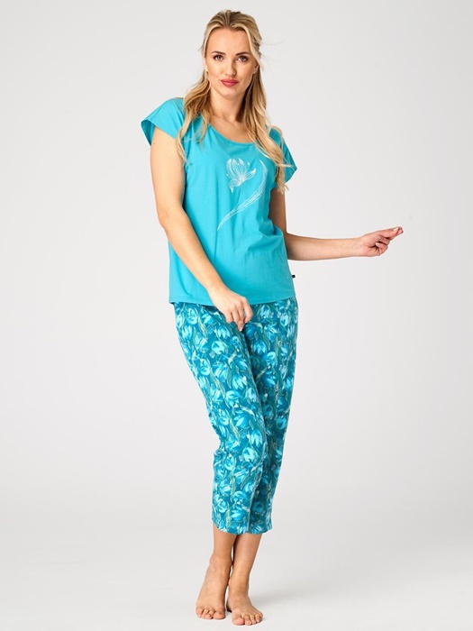 Piżama damska KEY krótki rękaw spodnie 7/8 turkusowa - obrazek 3