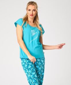 Piżama damska KEY krótki rękaw spodnie 7/8 turkusowa