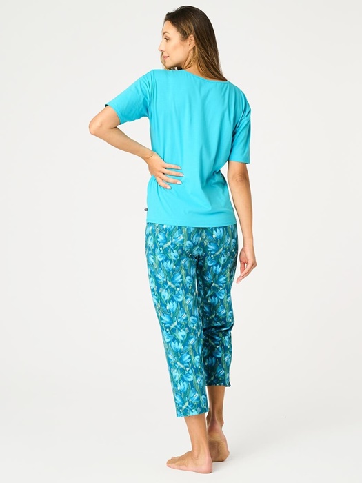 Piżama damska KEY krótki rękaw spodnie 7/8 turkusowa - obrazek 2