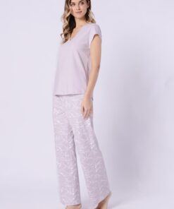 Piżama damska Leveza długie spodnie rozszerzane Bawełna liliowa