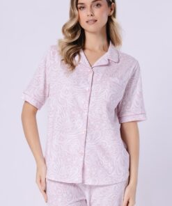 Piżama damska Leveza krótki rękaw długie spodnie 7/8 pudrowa