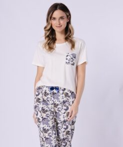 Piżama damska M-max Leveza krótki rękaw długie spodnie ecru